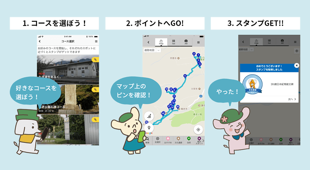 1. コースを選ぼう!2. ポイントへGO!3. スタンプGET!!