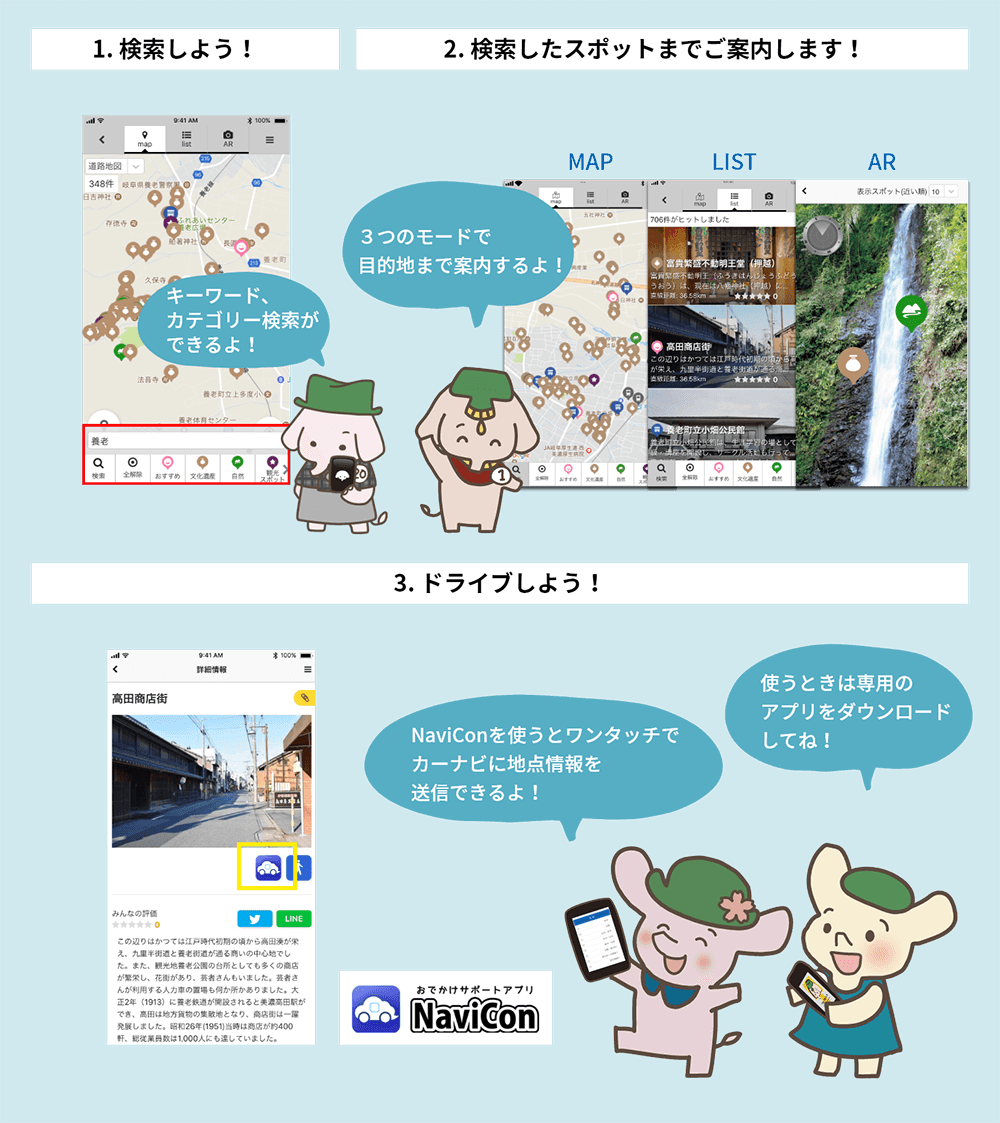 1. 検索しよう!2. 検索したスポットまでご案内します!3. ドライブしよう!