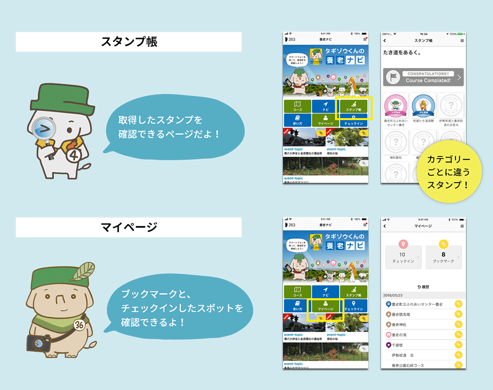 スタンプ帳:取得したスタンプを 確認できるページだよ!。マイページ:ブックマークと、 チェックインしたスポットを確認できるよ!